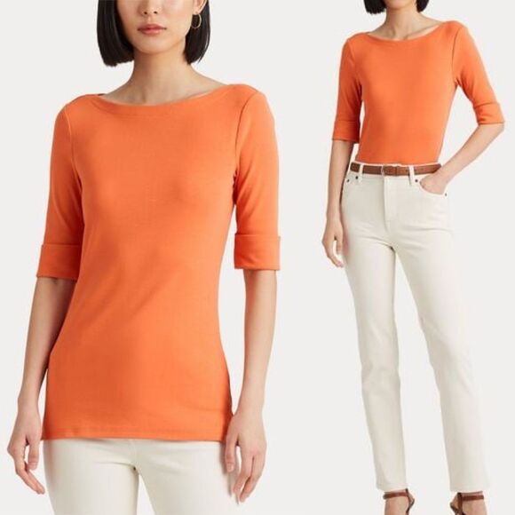 Ralph Lauren Plus Size Boatneck Elbow-Sleeve Top, Boatneck Orange Size 2X NEW - Picture 2 of 15